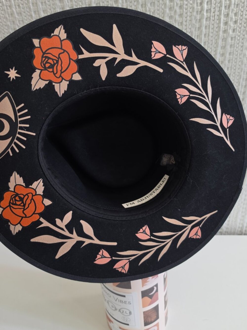 Black Wide Brim Western Hat Floral Celestial Under Brim Buckle Boho Cowboy Hat - Picture 9 of 12